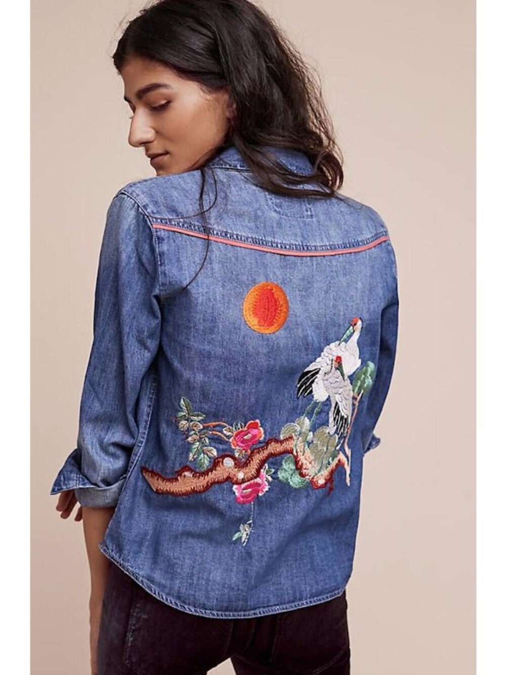 Holding Horses Womens Anthropologie Birds Sunset Denim Shirt Medium Blue SP NWOT